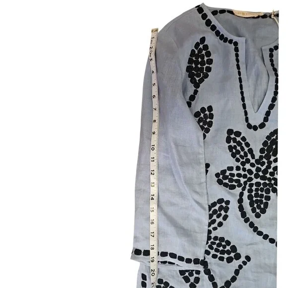 Tory Burch Light Blue Linen Tunic Dress Floral Embroidered Vintage Look  Beach XS